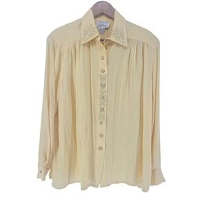 Stephanie Vintage 100% Silk Yellow Beaded Blouse Size Large Sequin Party Top